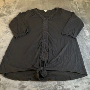 Avenue Black Tie Front Tunic Top Womens Plus Size 14/16 Crochet Trim